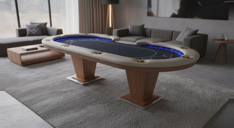 Mesa de Poker Oval Grande com USB, LED Azul e Tecido de Cassino - Pro35